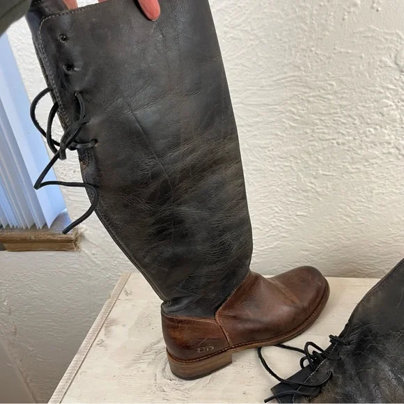 Bed Stu Boots Leather Manchester Knee Hi Lace up Brown Black Distressed 8.5